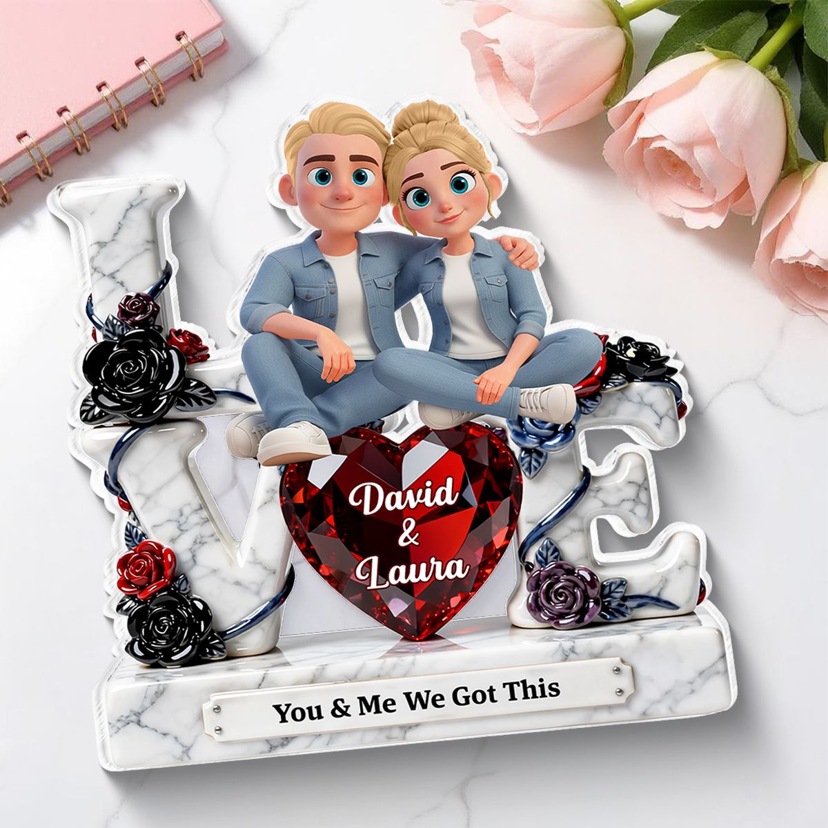 Couple Sitting on Love Marble Pattern - Personalized Acrylic Block Plaque - Heartfelt Valentine's Day Gift for Her, for Him