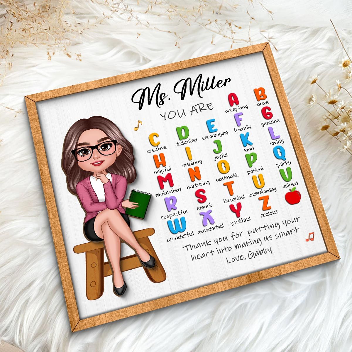 Teacher Appreciation Gift Thank You Alphabet Characteristics Teacher Sitting Personalized 2-Layer Wooden Plaque