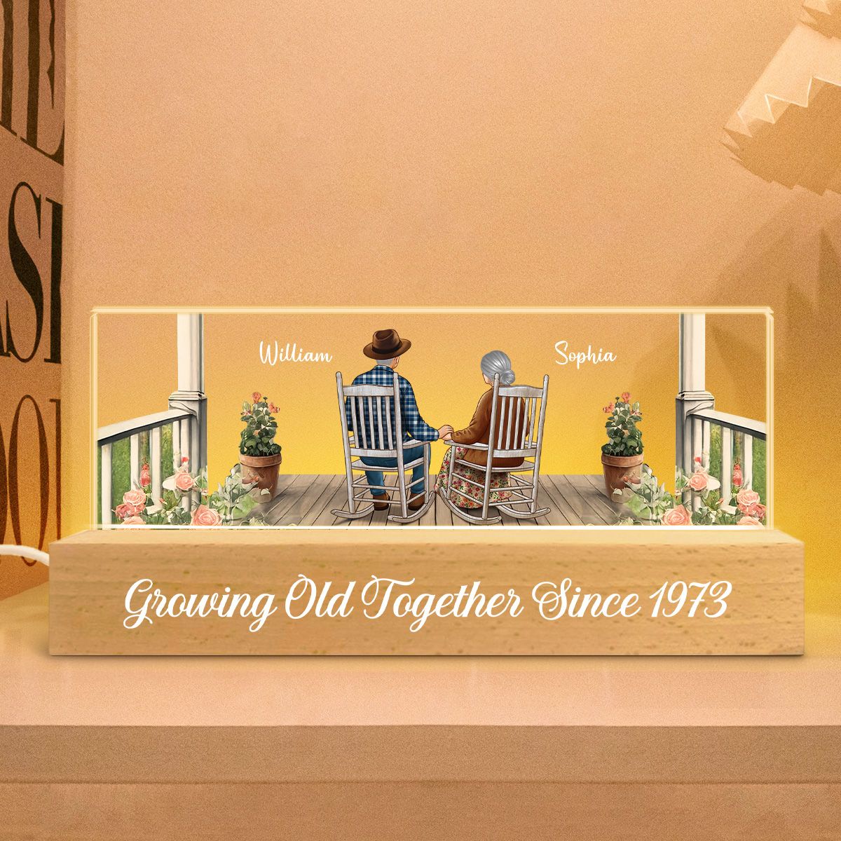 Old Couple Sitting Together On The Porch Personalized Acrylic Block LED Night Light Gift For Him, For Her, Husband, Wife