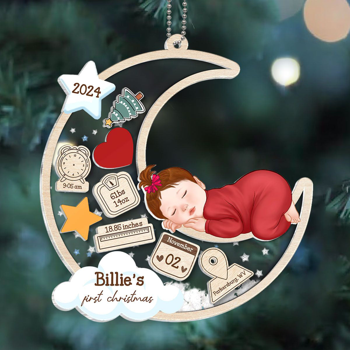 Baby Sleeping On Moon First Christmas Personalized Acylic Ornament, Custom Newborn Gift