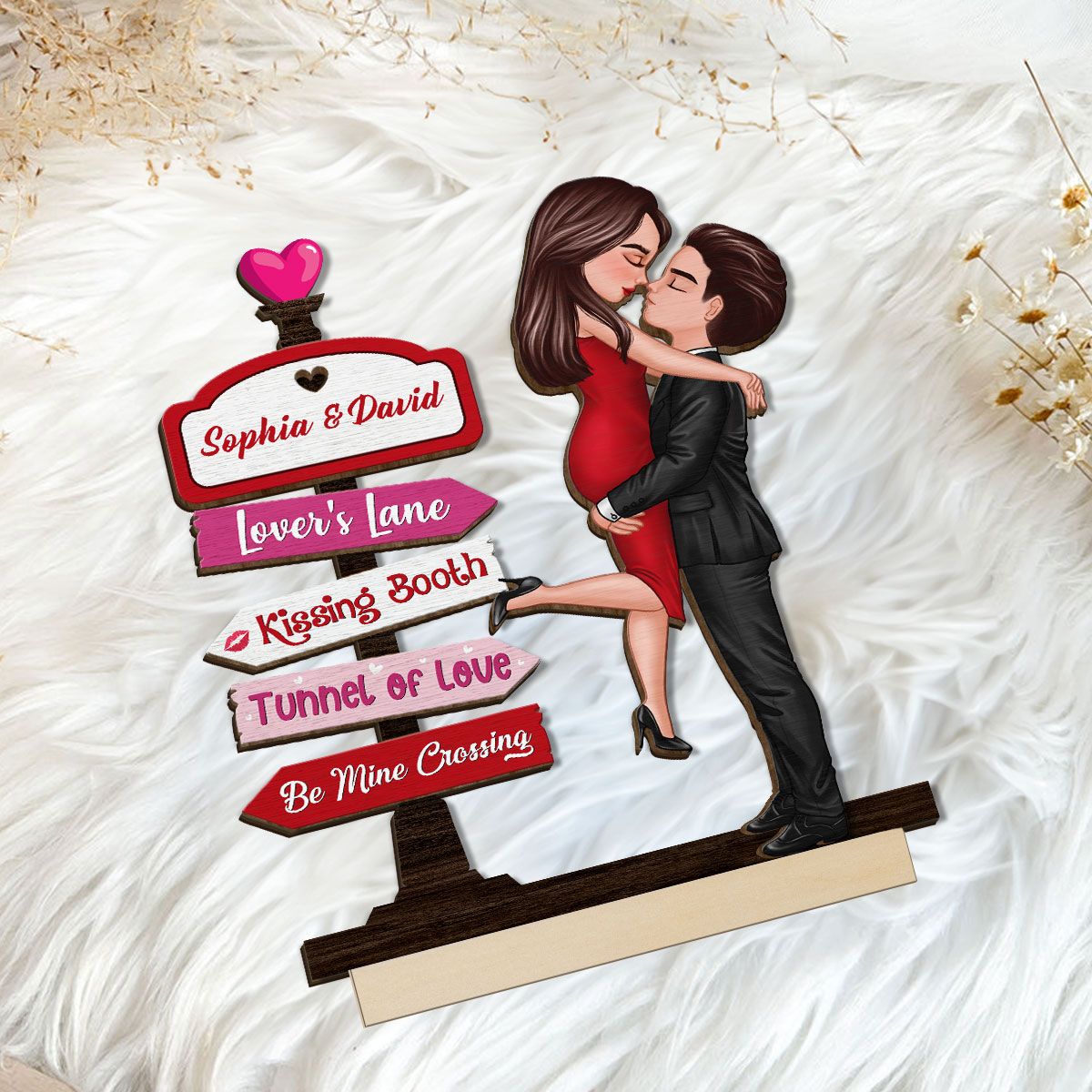 Couple Hugging Kissing Directional Sign Valentine's Day Home Decor Personalized 2-Layer Standing Wooden Plaque