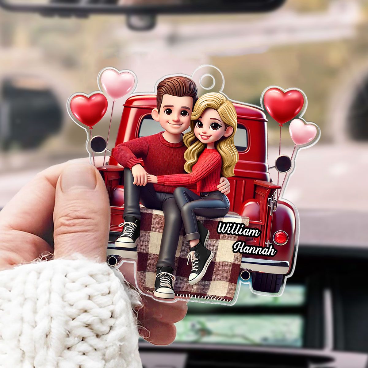 Couple Sitting On Red Truck Personalized Acrylic Car Hanger, Valentine's Day Gift, Anniversary Gift For Couples