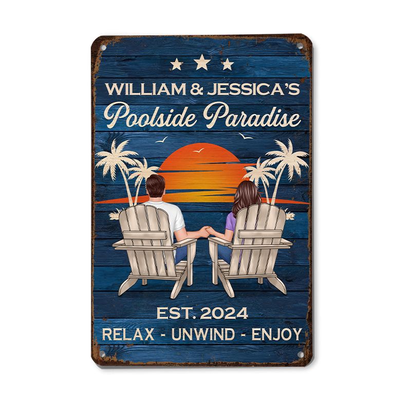 Swimming Pool Zone Decor Couple Sitting Personalized Metal Sign