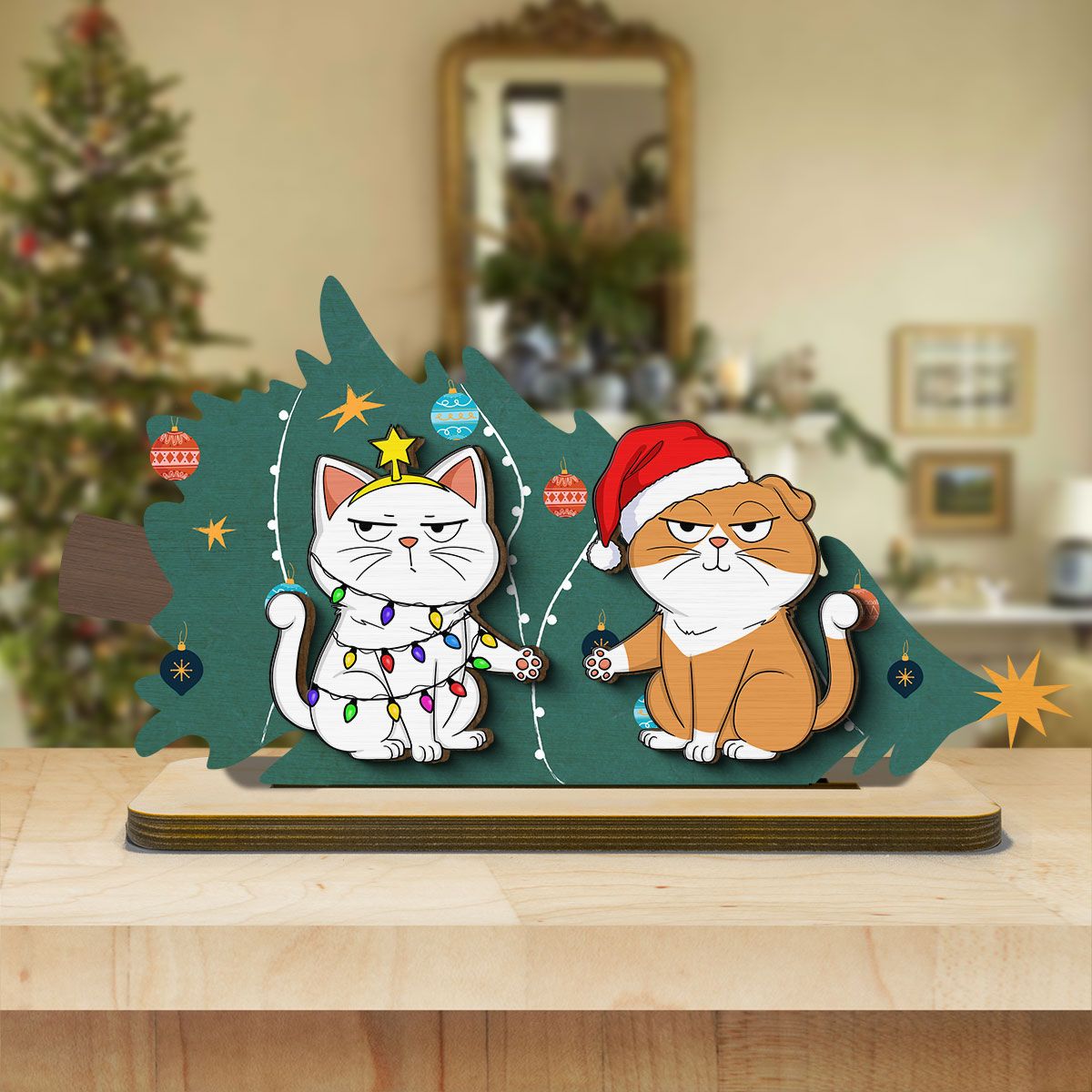 Naughty Cats Fallen Christmas Tree Personalized 2-Layer Standing Wooden Plaque