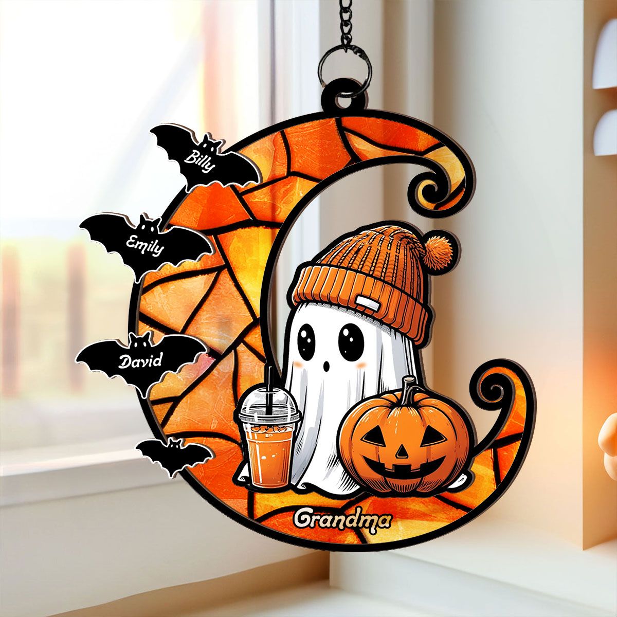 Halloween Grandma Boo & Bats Kids On Moon Personalized Suncatcher, Gift For Grandma