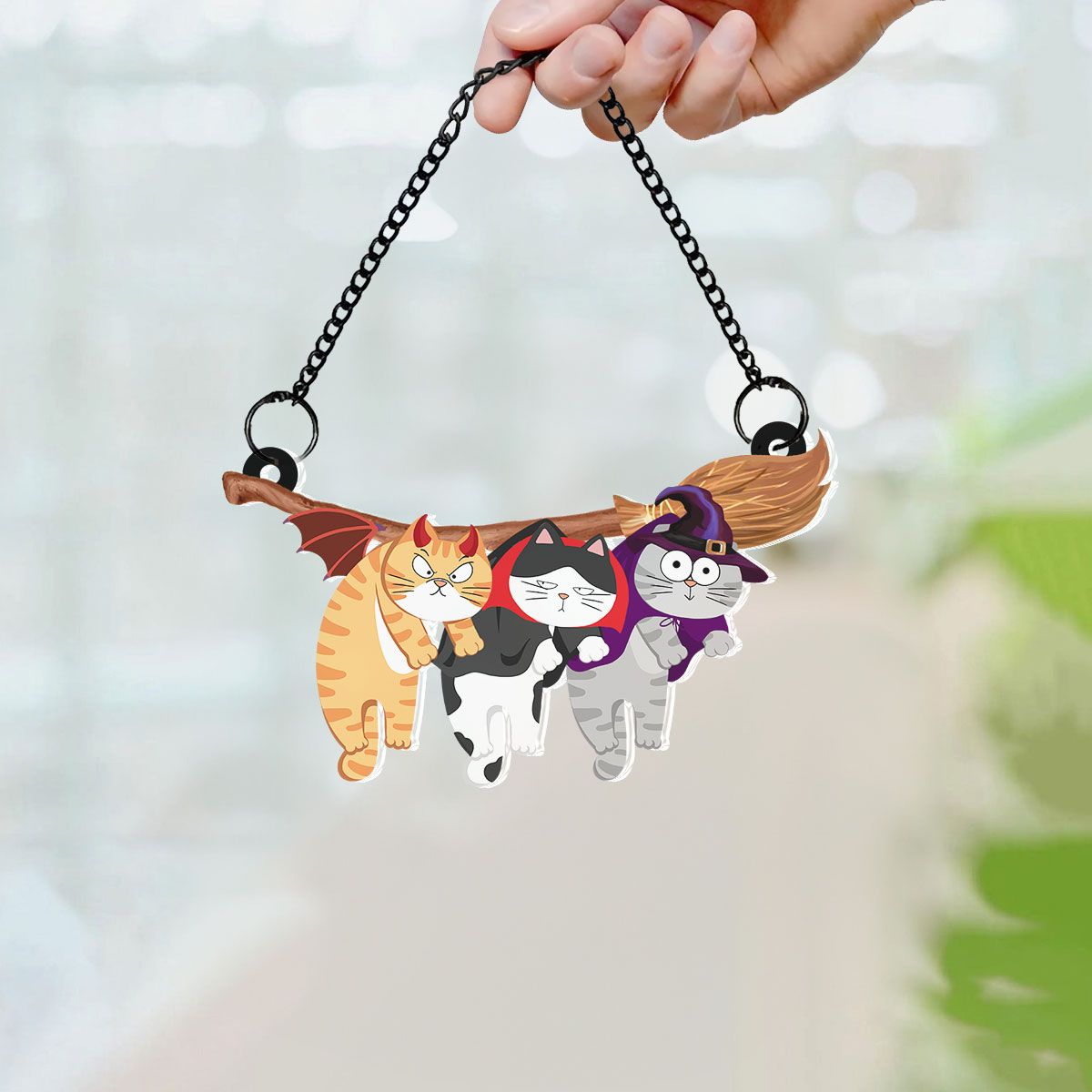 Naughty Cats Hanging On Halloween Broom Personalized Suncatcher, Halloween Decor