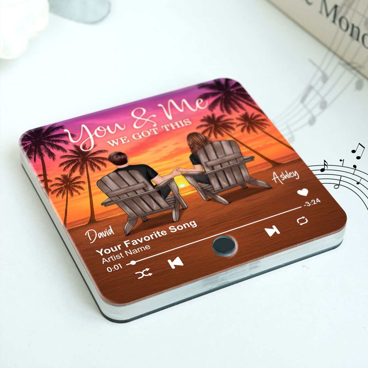 Couple Beach Sunset Under Tree Palm Personalized Music Fridge Magnet, Anniversary gift for him, for her