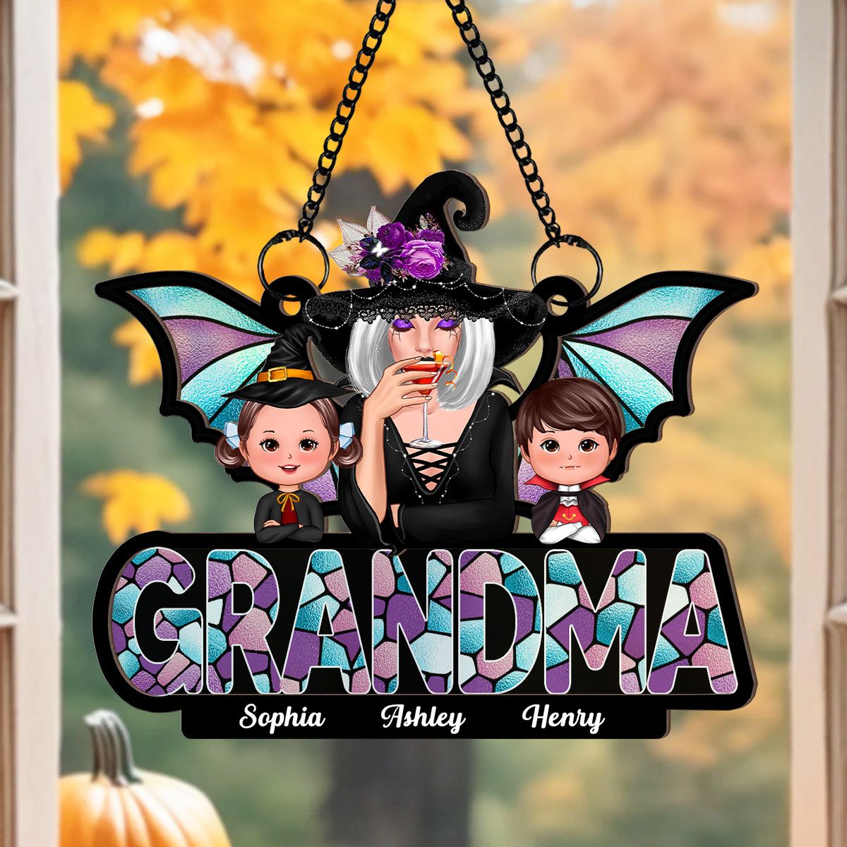 Halloween Grandma And Grandkids On Text Personalized Suncatcher