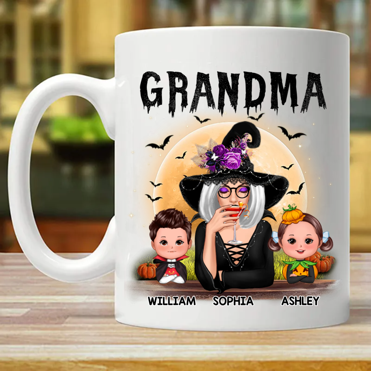 Grandma Mom Witch With GrandKids Halloween Personalized Custom Mug (Double-sided Printing)
