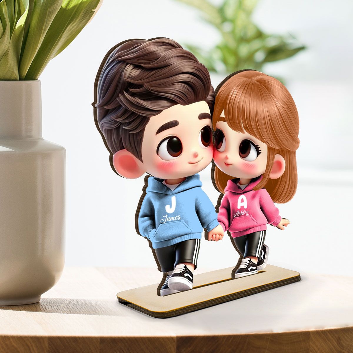 Cute Cartoon Couple Holding Hands Personalized Standing Wooden Plaque, Anniversary & Valentine's Day Gift for him, Gift for her