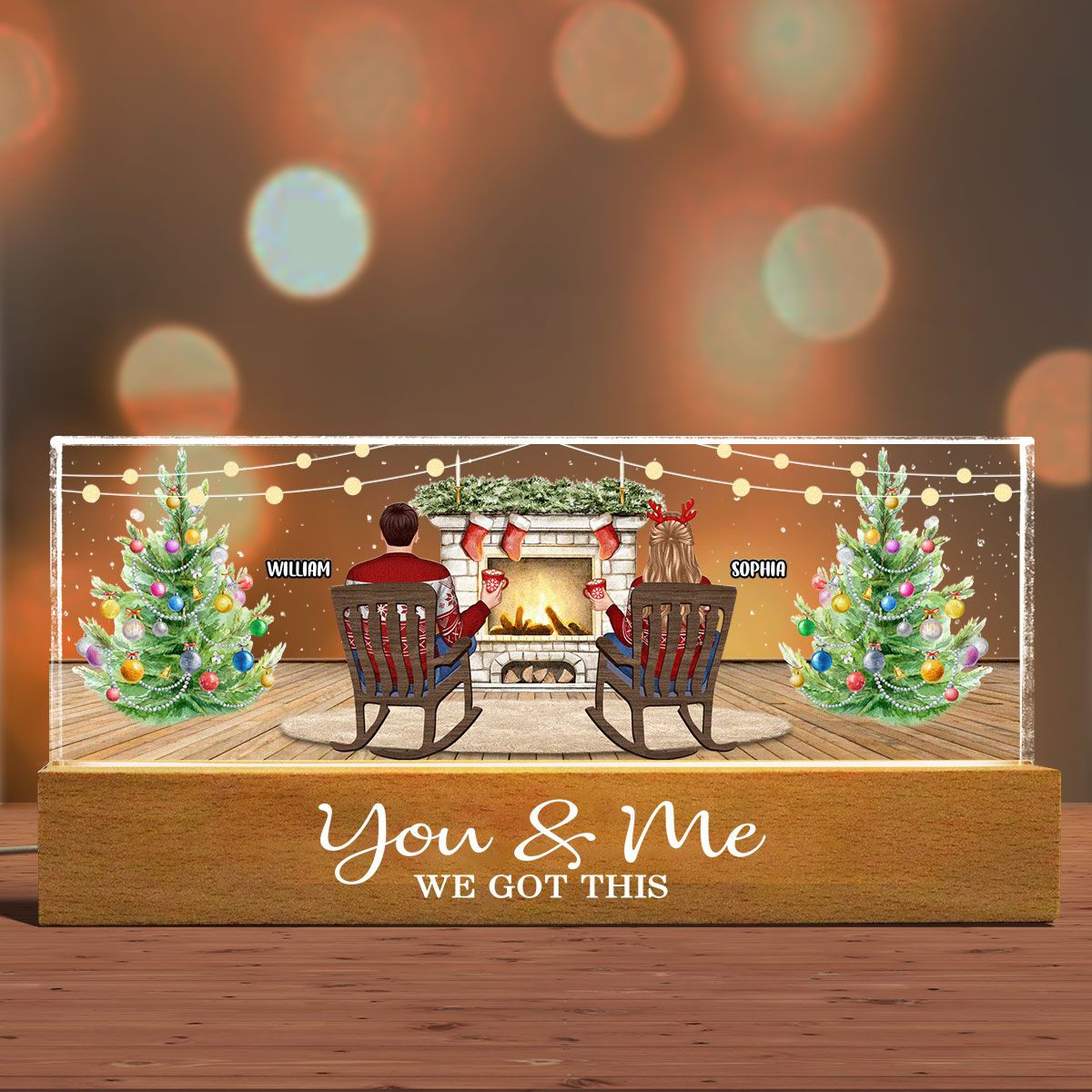 Christmas Couple Backview Fireplace Personalized Acrylic Block LED Night Light, Christmas Gift for Couples