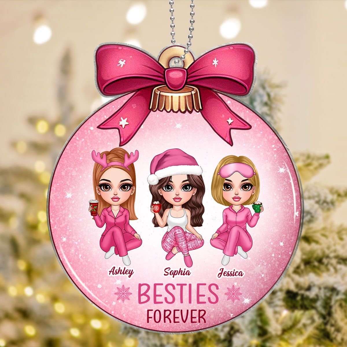 Pink Bow Coquette Besties Sisters Personalized Acrylic Ornament, Christmas Gift