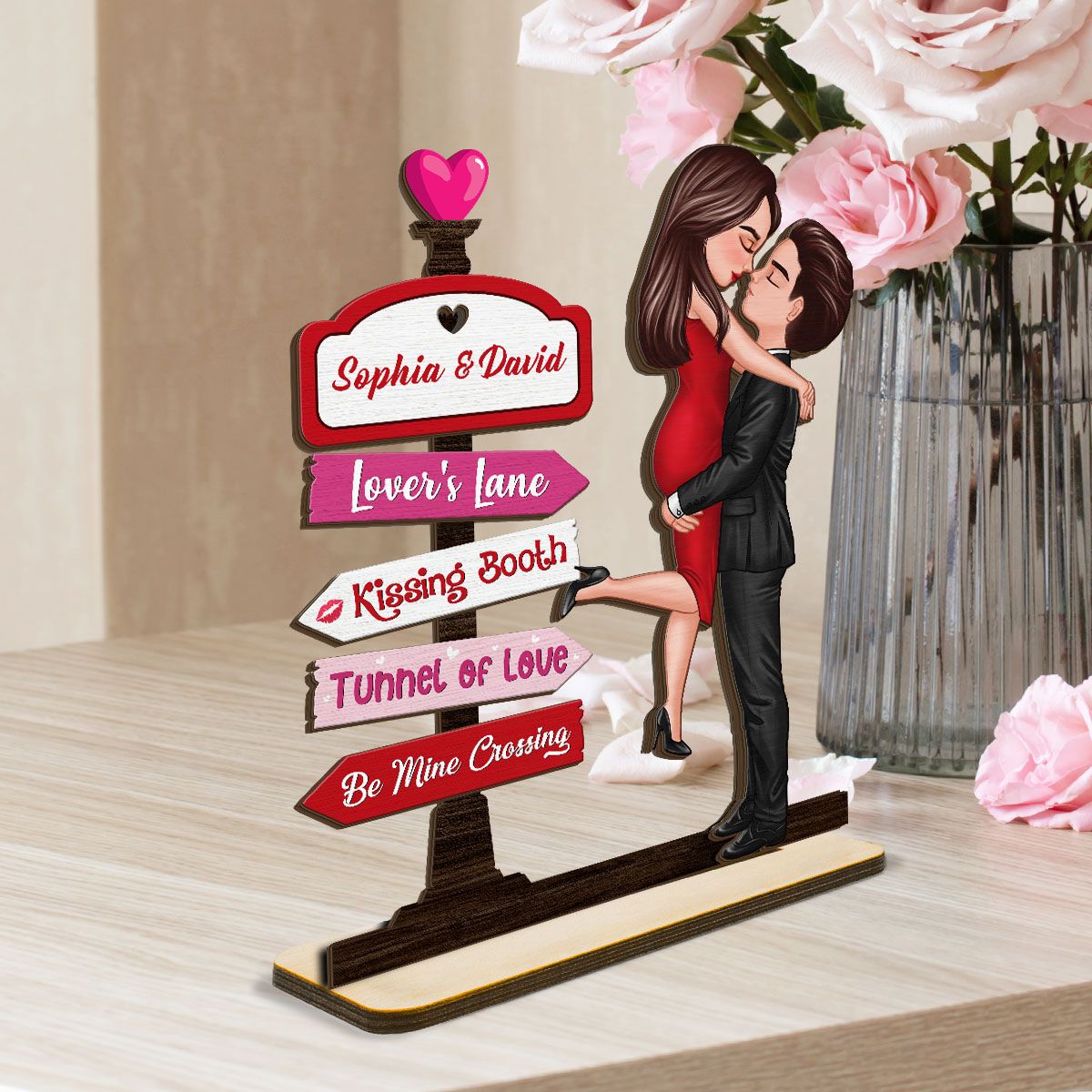 Couple Hugging Kissing Directional Sign Valentine's Day Home Decor Personalized 2-Layer Standing Wooden Plaque