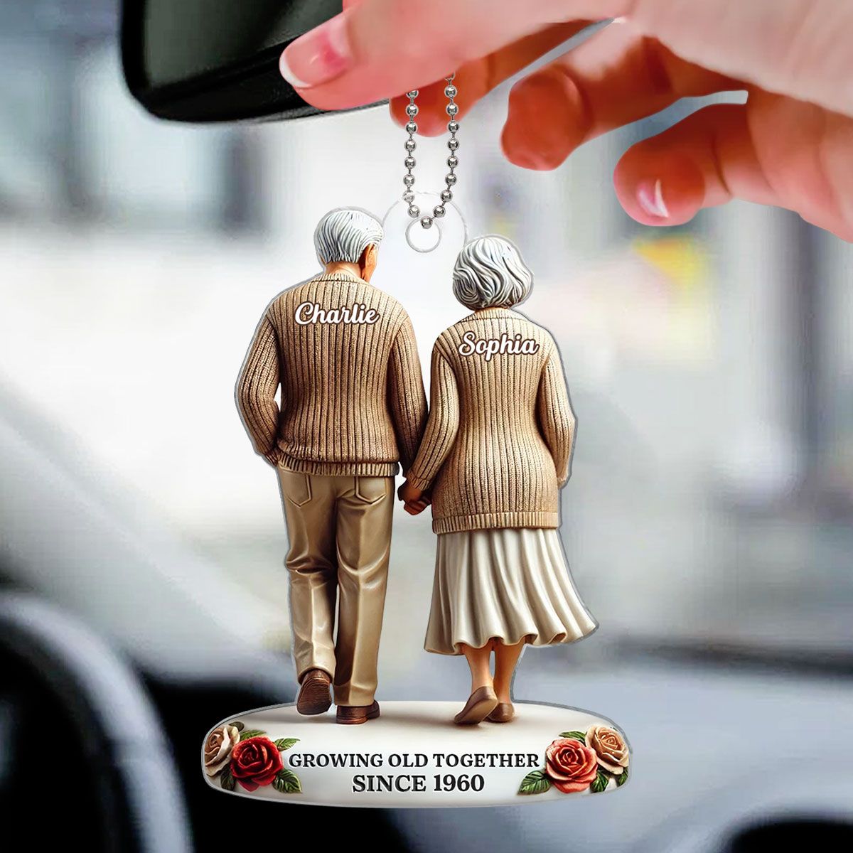 Old Couple Holding Hands Walking Together Personalized Car Hanger Ornament, Heartfelt Gift For Couple, For Him, For Her, Husband, Wife