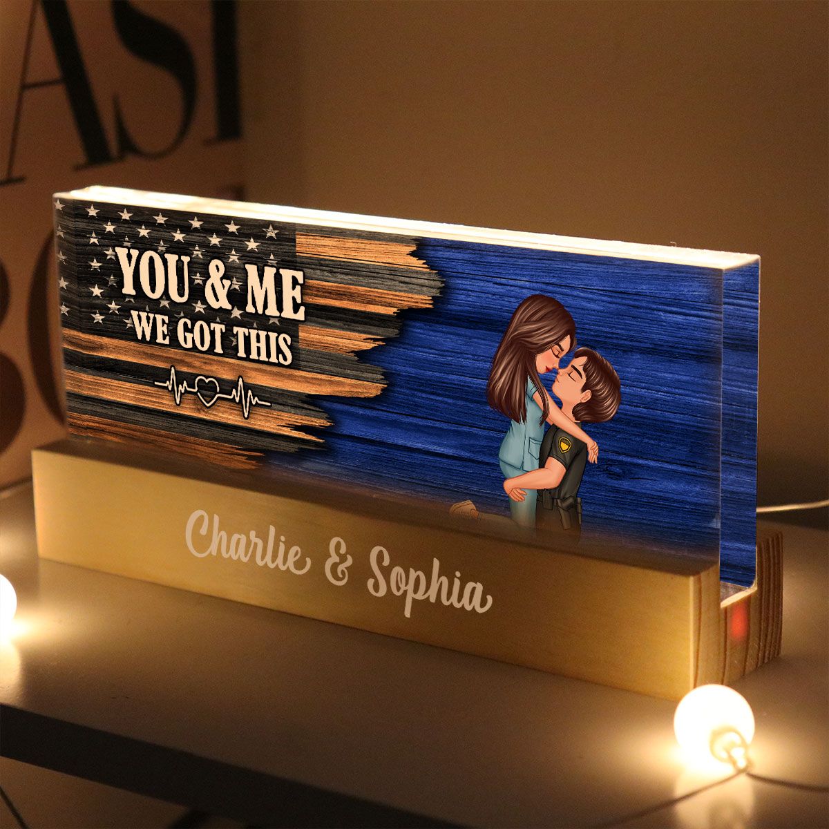 Hero Couple Hugging Kissing Half Flag Valentine's Day Gift by Occupation Personalized Acrylic Block LED Night Light