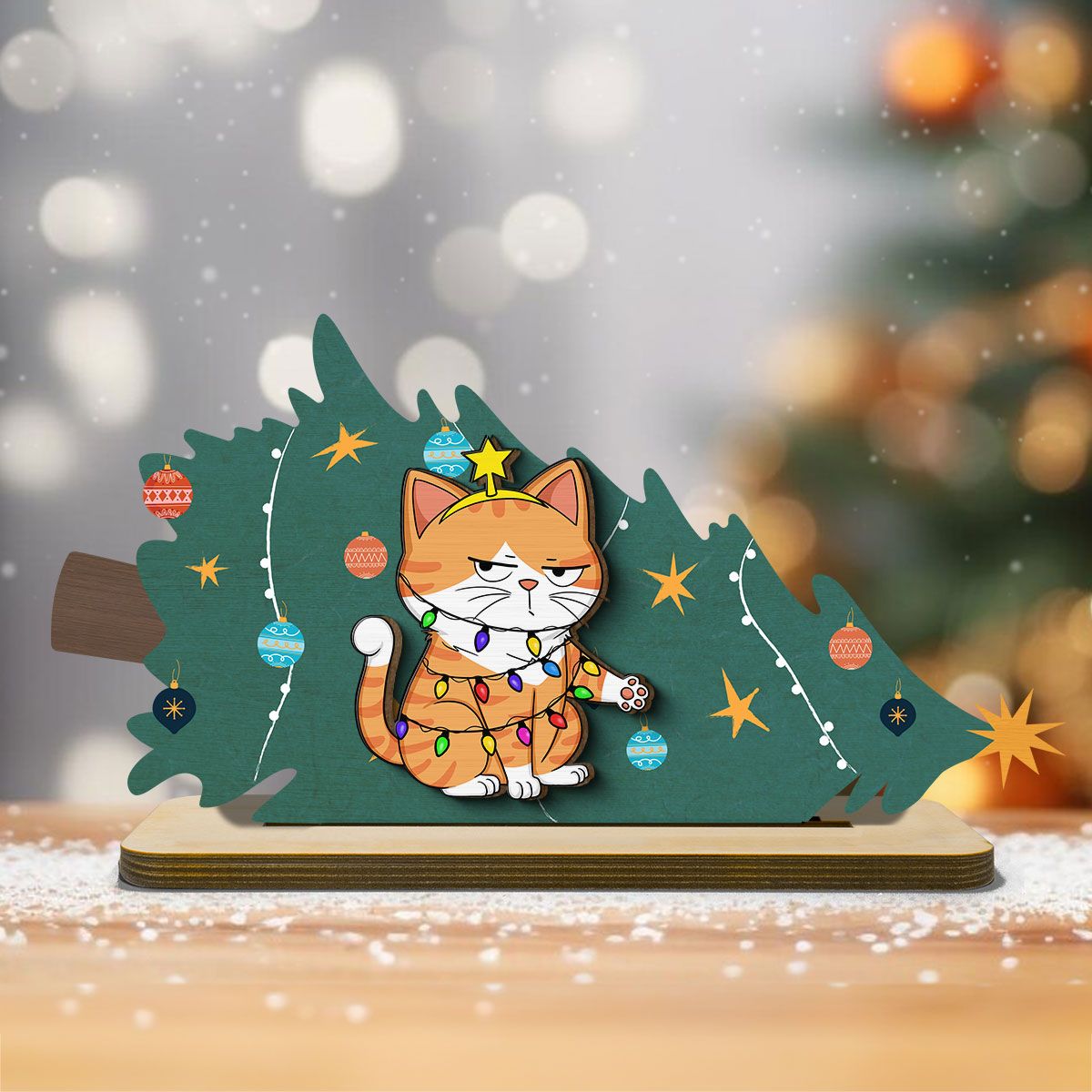 Naughty Cats Fallen Christmas Tree Personalized 2-Layer Standing Wooden Plaque