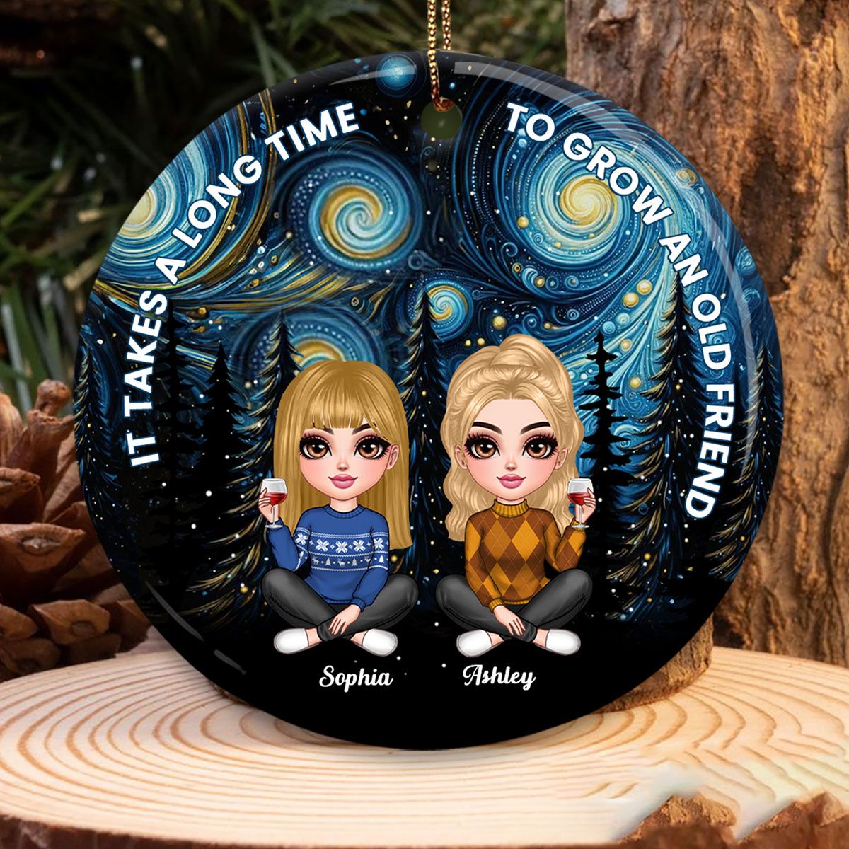 Starry Night Besties Sisters Sitting Personalized Circle Ceramic Ornament, Christmas Gift