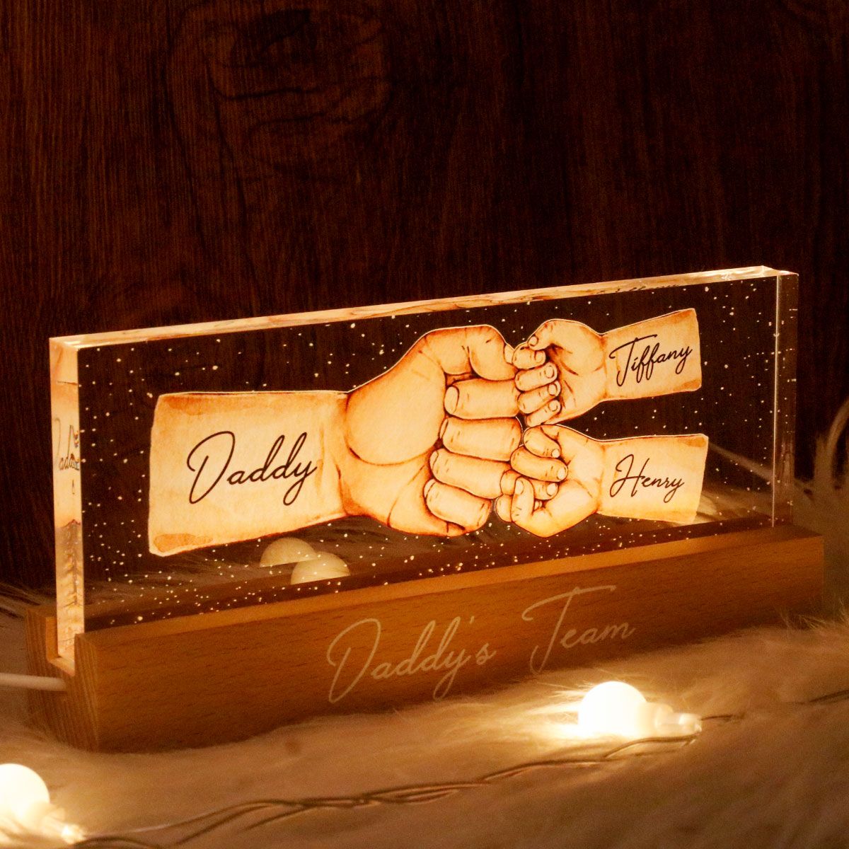 Daddy's Team Fist Bump Personalized Acrylic LED Night Light, Father's Day Gift For Dad, For Grandpa, For Husband