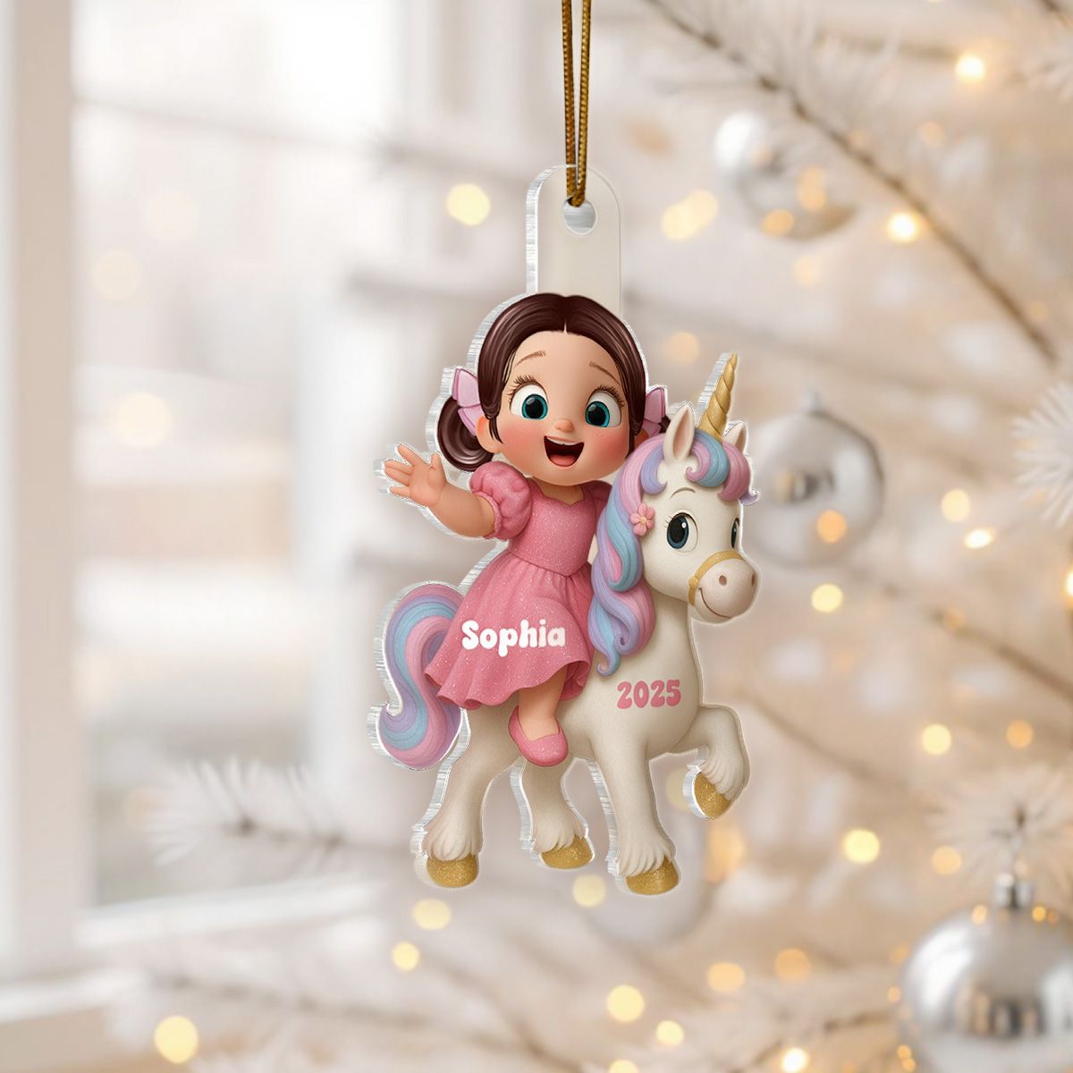 3D Effect Cute Cartoon Kid With Unicorn Christmas Personalized Flat Acrylic Ornament