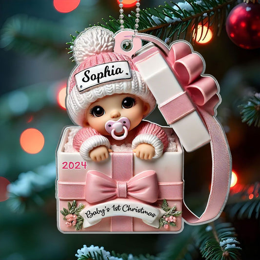 Baby Inside Gift Box Personalized Acrylic Ornament, Lovely Keepsake to Celebrate Baby's First Christmas