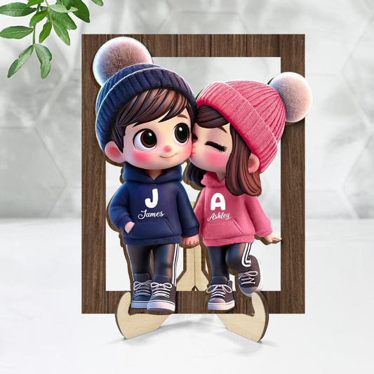 Cute Cartoon Couple Walking Personalized 2-Layered Wooden Plaque, Gift for him, Gift for her