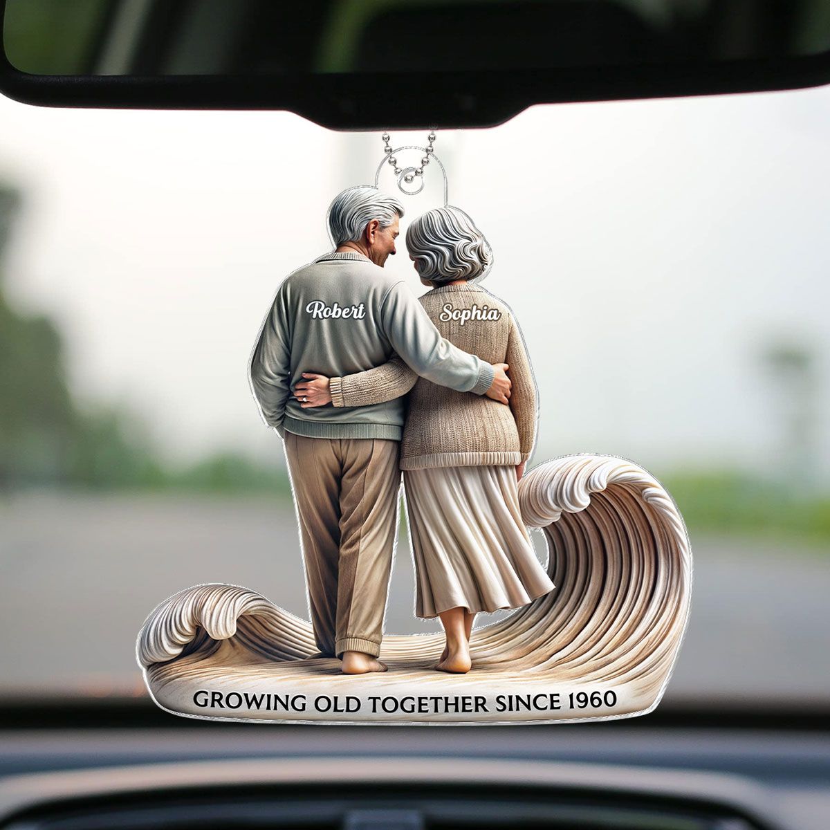 Old Couple Embracing Walking Together On The Beach Personalized Car Hanger Ornament, Heartfelt Gift For Couple, For Him, For Her, Husband, Wife