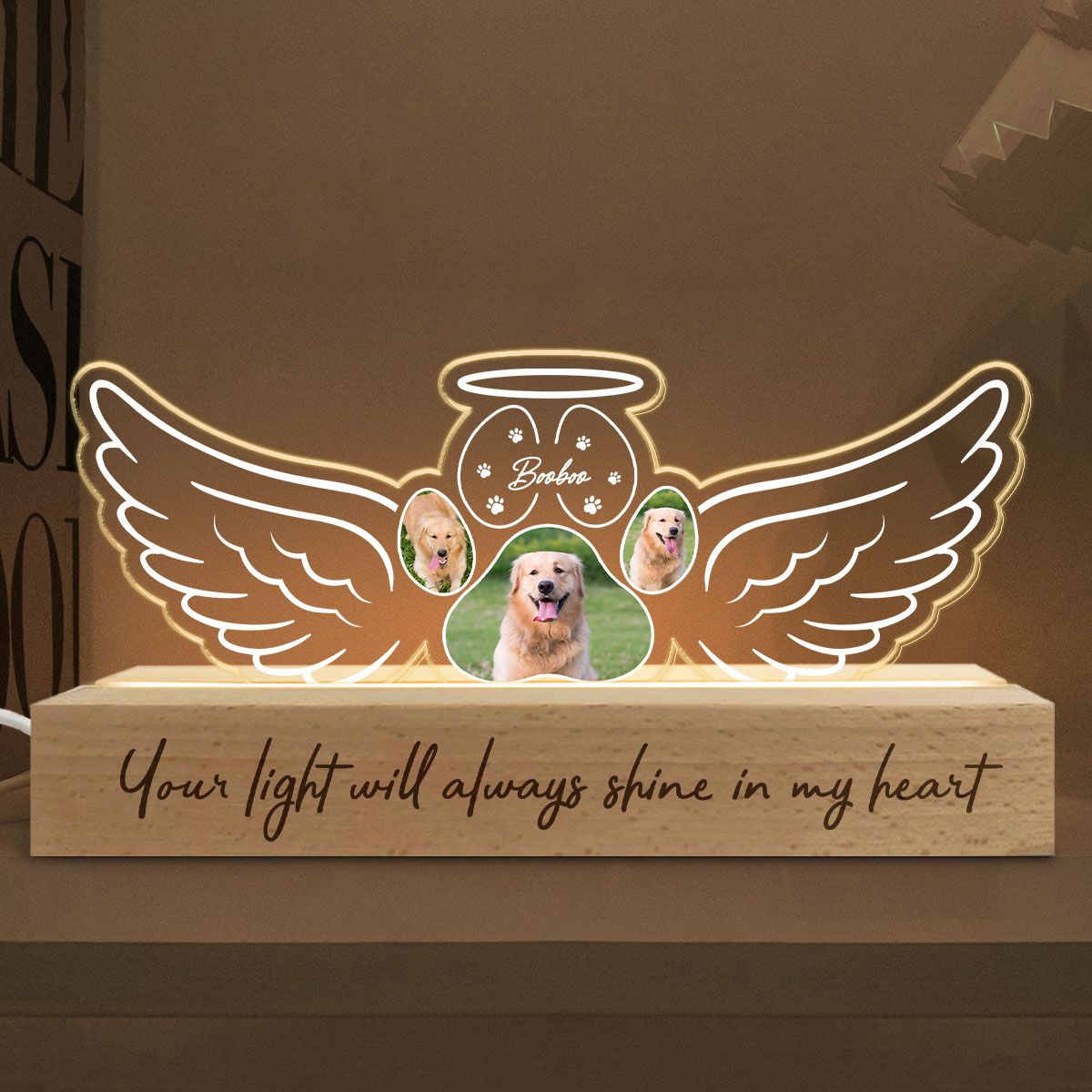 Angel Wings Pet Memorial Personalized LED Night Light, Sympathy Gift For Dog Cat Lovers