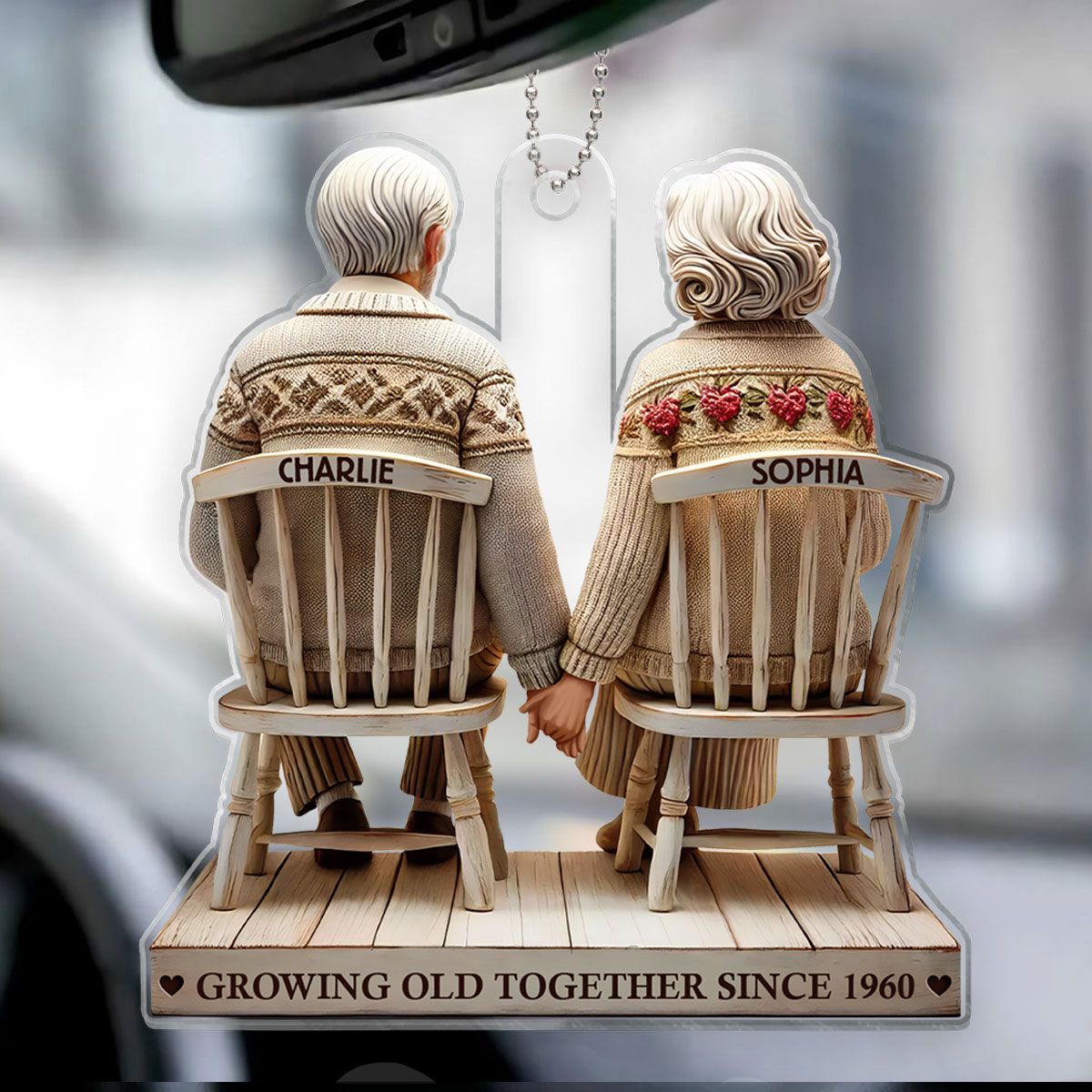 Couple Sitting Holding Hands Growing Old Together Personalized Acrylic Car Hanger Ornament, Heartfelt Valentine's Day Gift For Couple, For Him, For Her, Husband, Wife