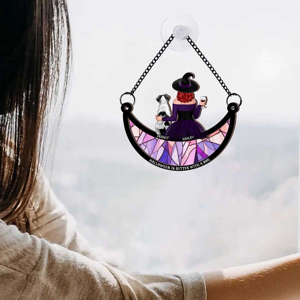 Crazy Dog Witch On Moon Personalized Window Hanger Suncatcher, Halloween Decor