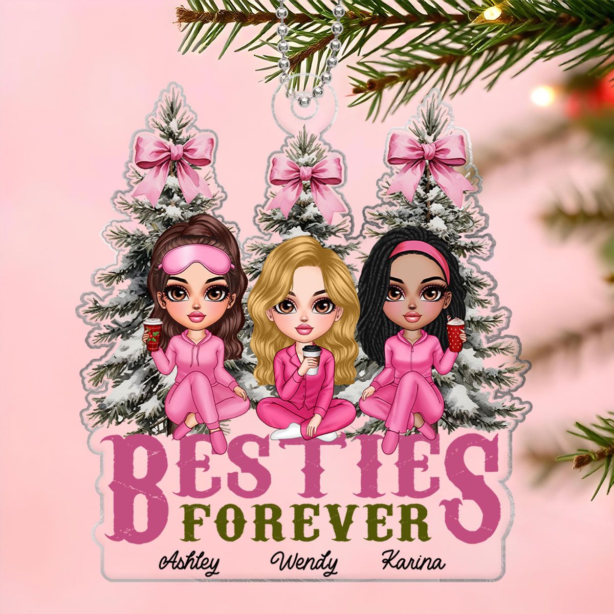 Besties Sisters Christmas Tree Pink Bow Personalized Acrylic Ornament