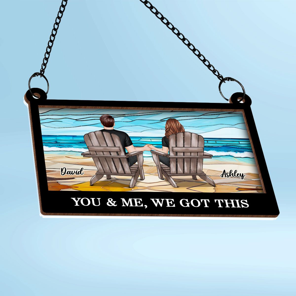 Couple Sitting Back View At Beach Landscape Stained Glass Personalized Suncatcher