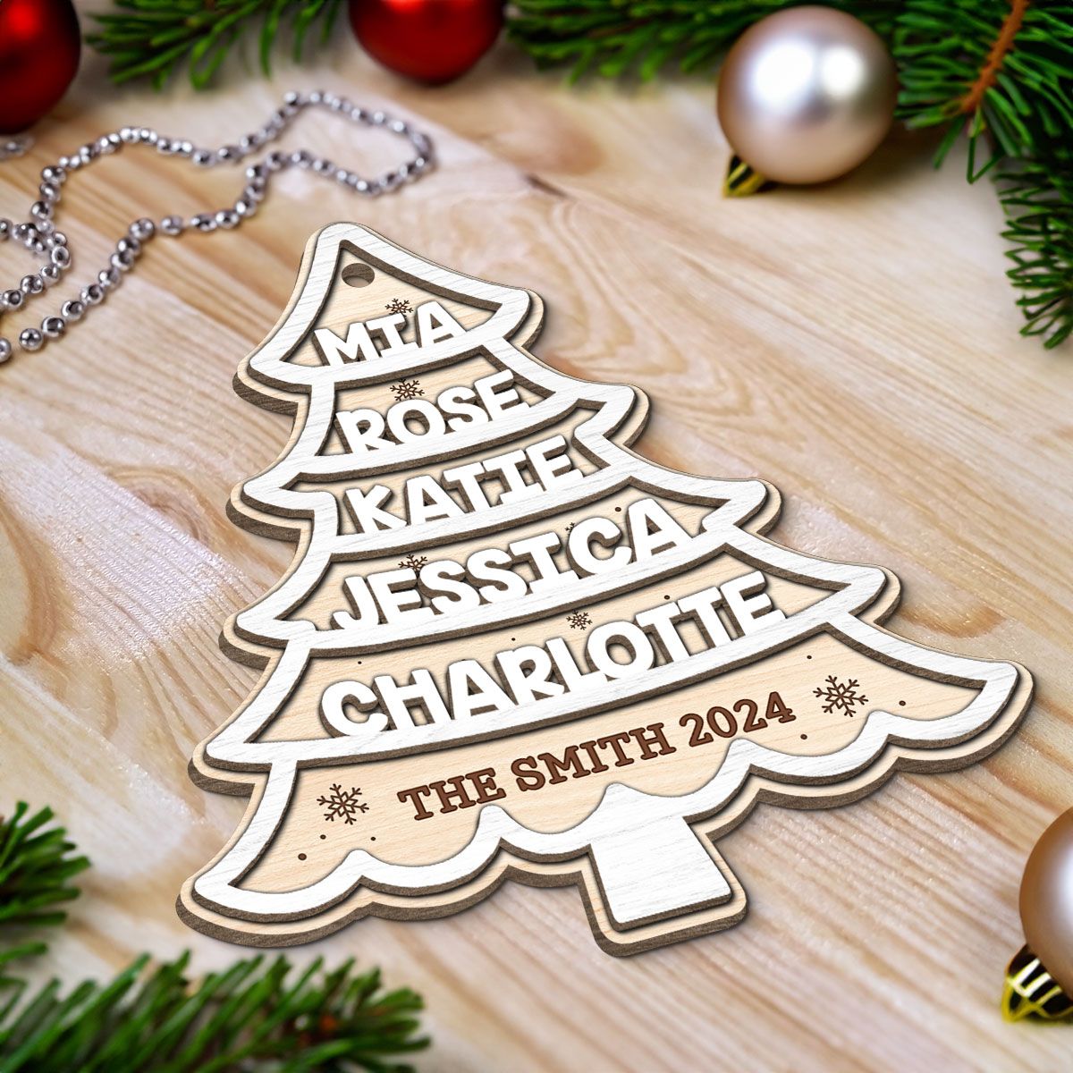 Family Members Names White Christmas Tree Personalized 2-Layer Wooden Ornament