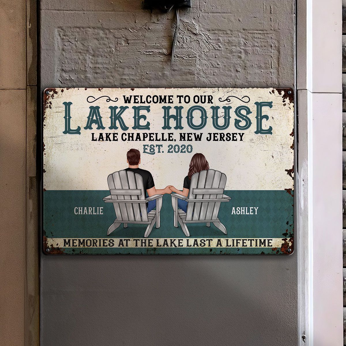 Welcome To Our Lake House Back View Couple Personalized Metal Sign