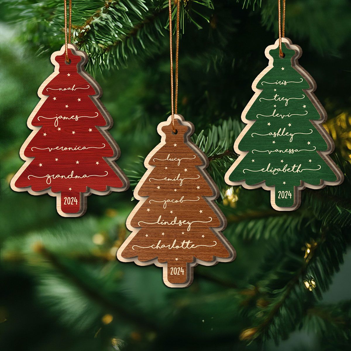 Beautiful Christmas Tree With Family Members Names Personalized 2-Layer Wooden Ornament