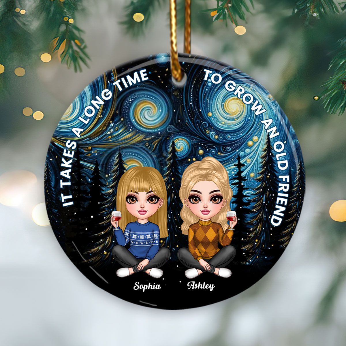 Starry Night Besties Sisters Sitting Personalized Circle Ceramic Ornament, Christmas Gift