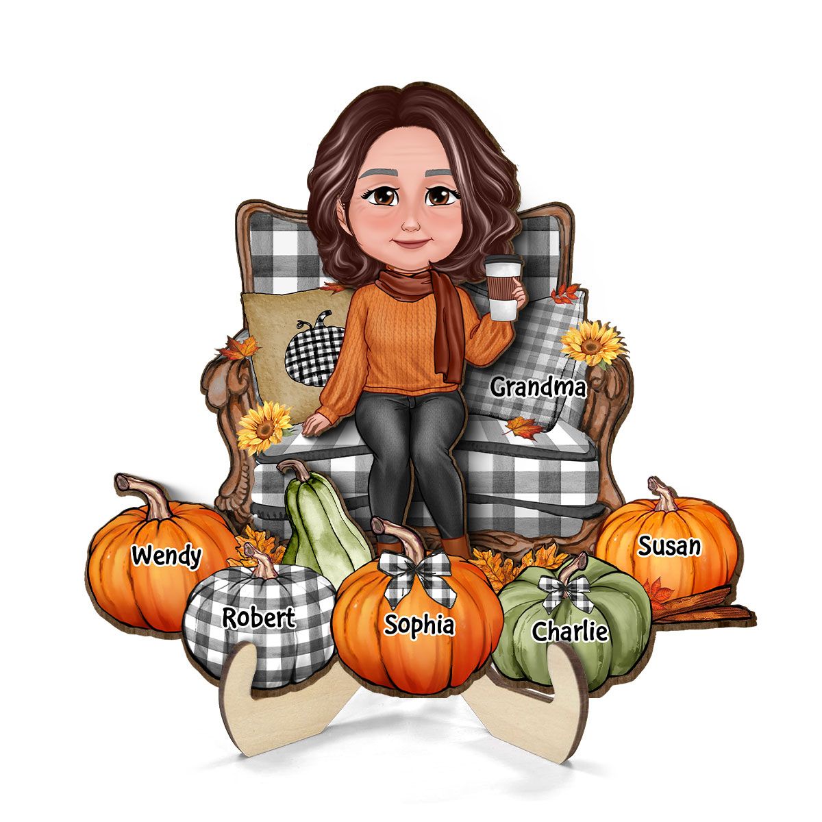 Grandma Sitting On Chair Pumpkins Personalized 2-Layer Wooden Plaque