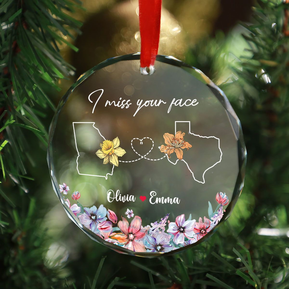 Long Distance Birth Month Flowers Besties Sisters Personalized Glass Ornament, Christmas Gift