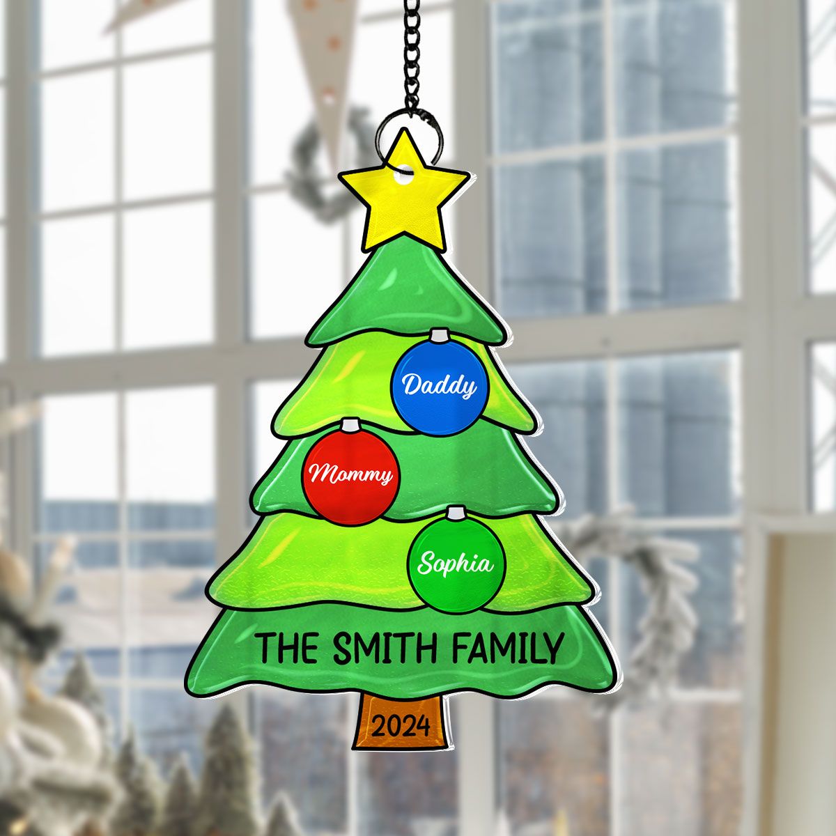 Family Christmas Tree with Jingle Bells Personalized Suncatcher, Christmas Stained Glass Decor