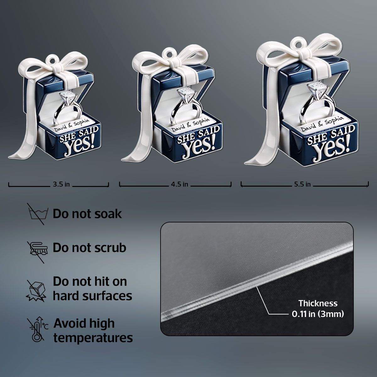 Personalized Blue Engagement Ring Box Personalized 2D Flat Acrylic Ornament, Anniversary Gift for Couple