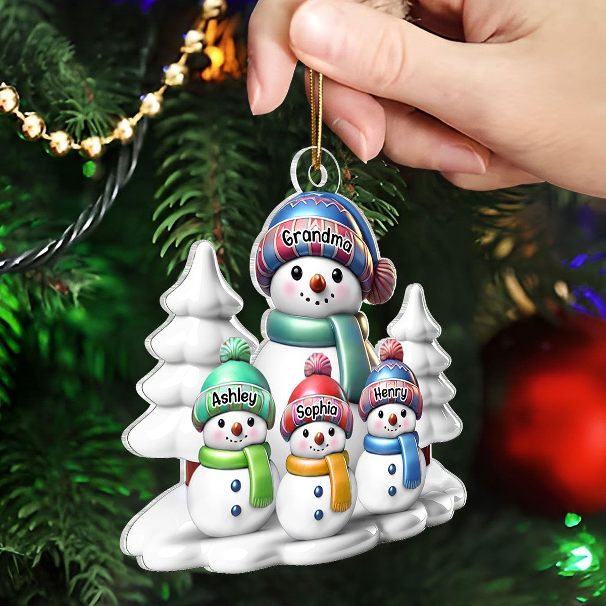 Winter Grandma & Grandkids Snowmen Christmas Personalized Acrylic Ornament, Christmas Gift For Grandma & Grandchildren