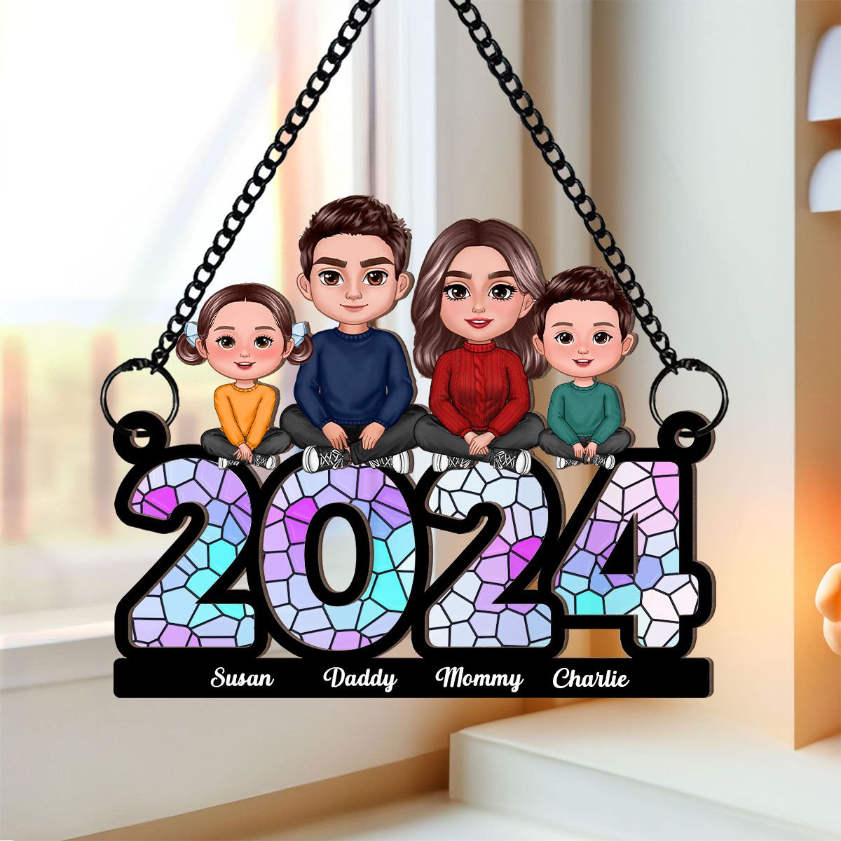 Family Sitting 2024 Personalized Window Hanging Suncatcher Ornament, Christmas Decor