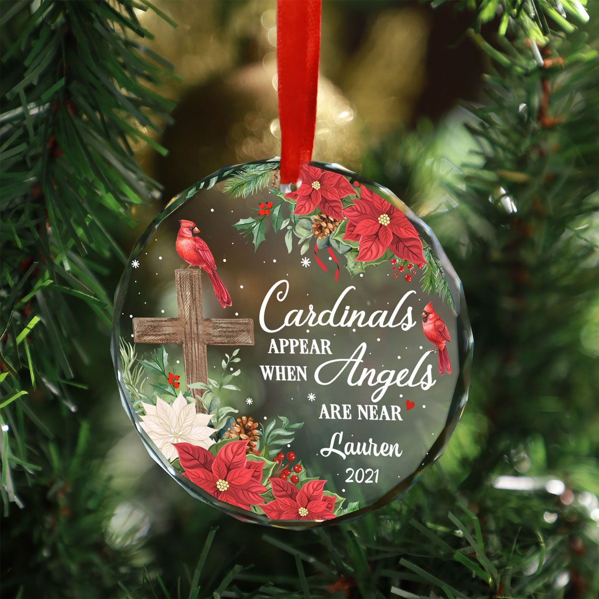 Always With You Cardinal Cross Poinsettia Personalized Glass Ornament, Christmas Gift