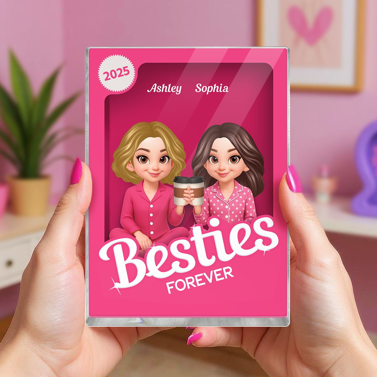Pink Pajamas Besties 3D Effect Action Figure Personalized Acrylic Block