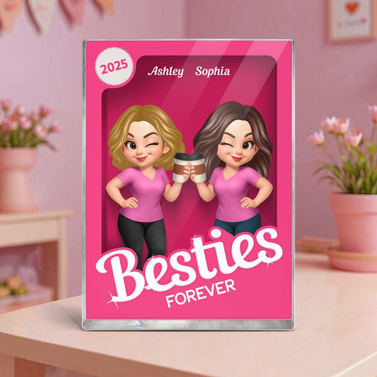 Besties Forever Pink Action Figure 3D Effect Personalized Acrylic Block, Meaningful Gift For Best Friend