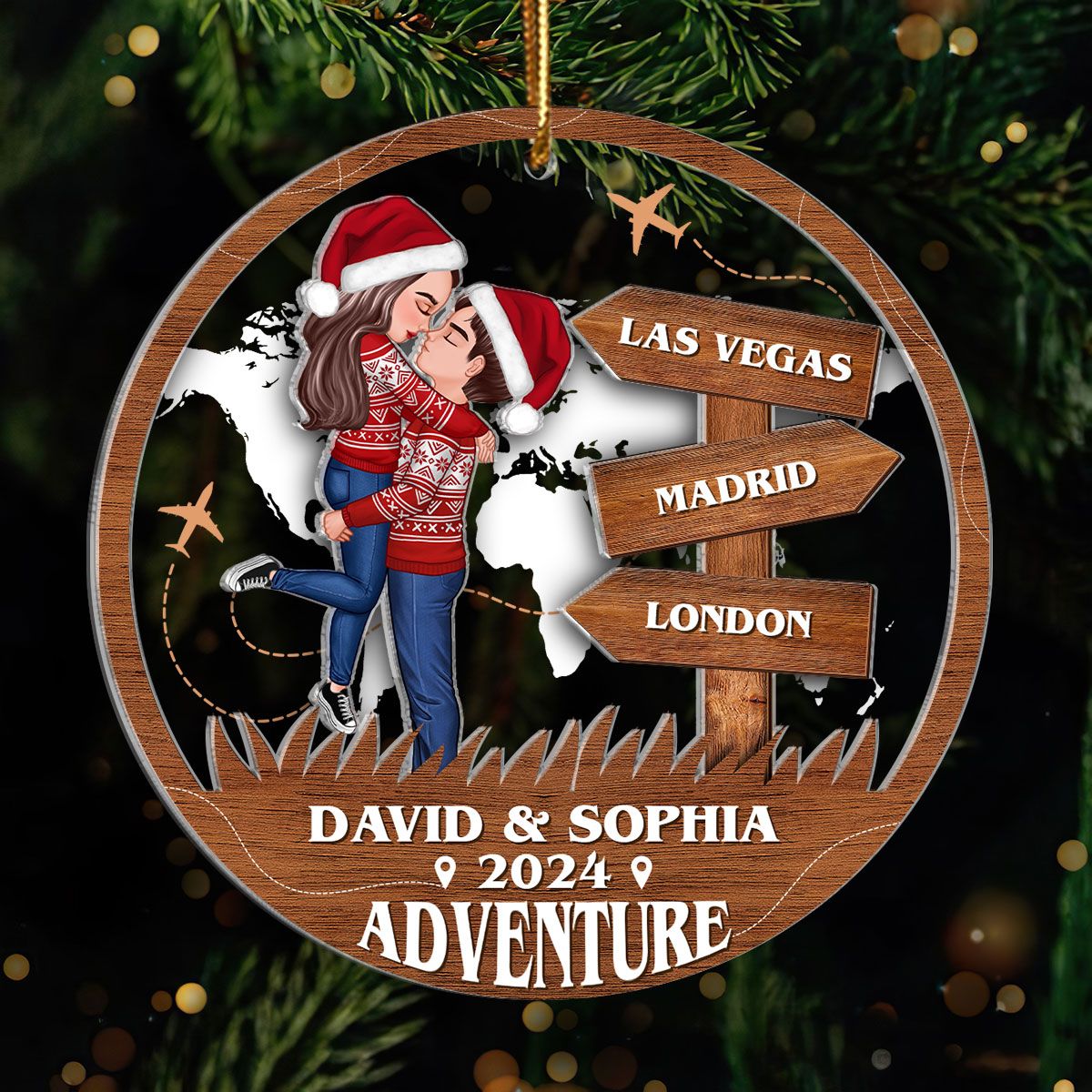 Adventure Kissing Couple Personalized 2-Layer Acrylic Ornament, Christmas Gift For Couple, Gift For Travelers