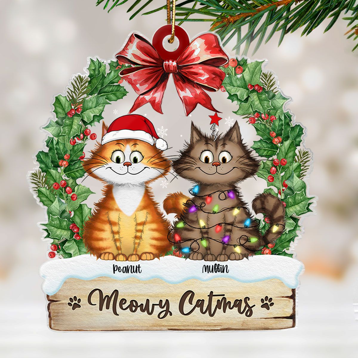 Christmas Wreath Quirky Christmas Cat Whimsical Funny Silly Cats Personalized Acrylic Ornament