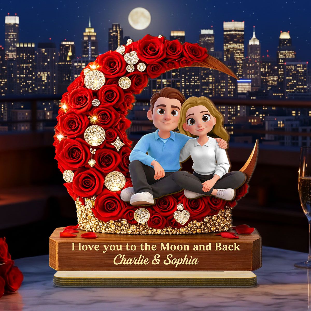 I Love You to the Moon and Back Romantic Love - Personalized 2-Layered Wooden Plaque - Heartfelt Valentine's Day Gift for Her, for Him