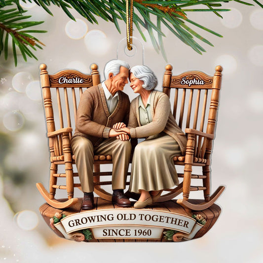 3D Effect Old Couple Sitting On Rocking Chairs Together Personalized Acrylic Ornament