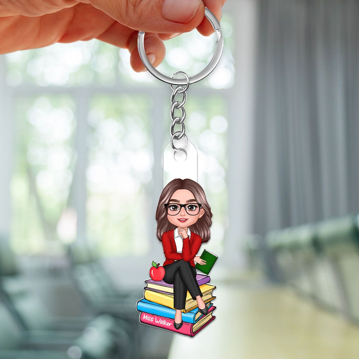 Doll Teacher Sitting On Books Personalized Acrylic Keychain