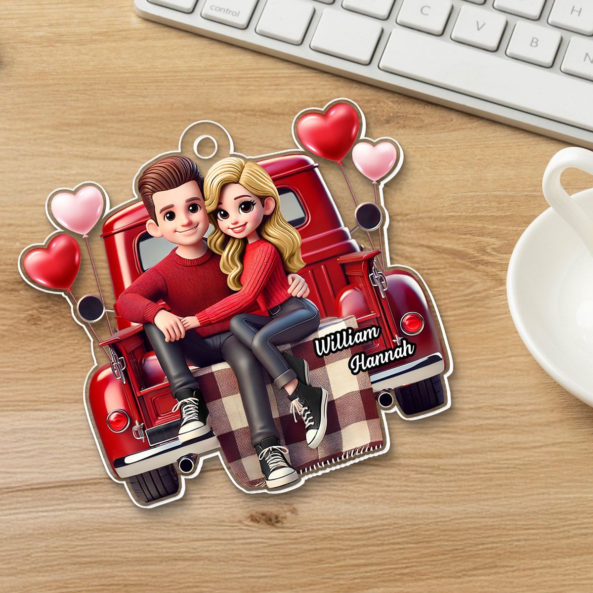 Couple Sitting On Red Truck Personalized Acrylic Car Hanger, Valentine's Day Gift, Anniversary Gift For Couples